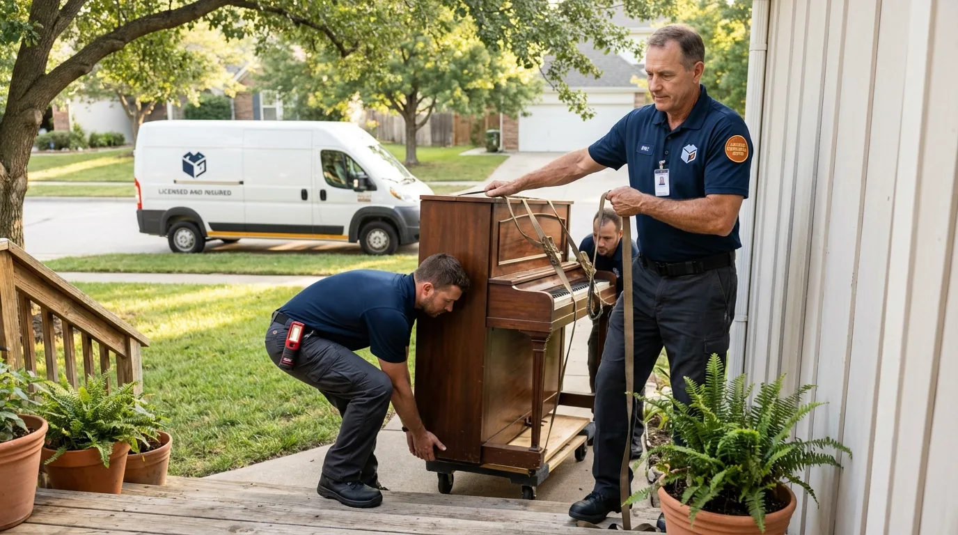 Licensed piano movers securing grand piano in Lame Deer, MT