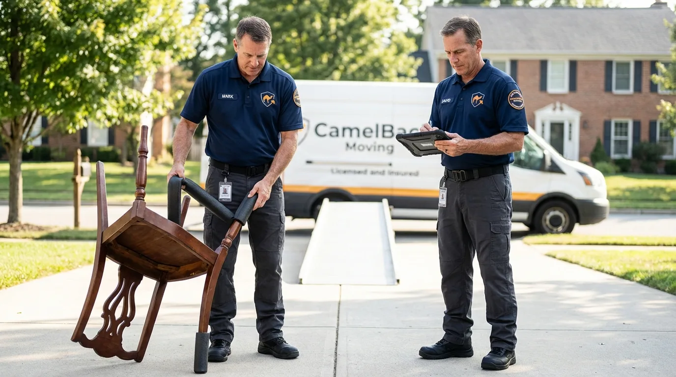 Movers inspecting furniture for damage prevention before loading in Lame Deer, MT